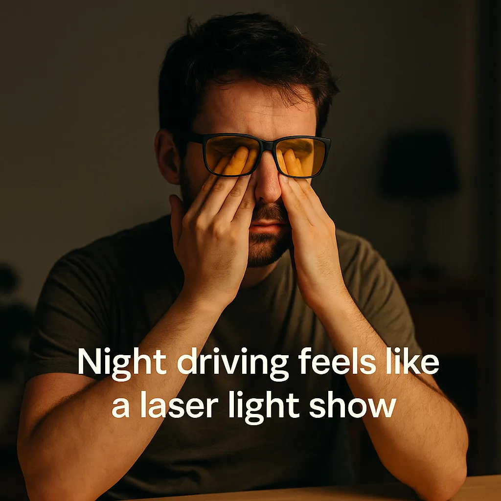 Man wearing yellow-tinted driving glasses rubs his eyes at night under warm lighting