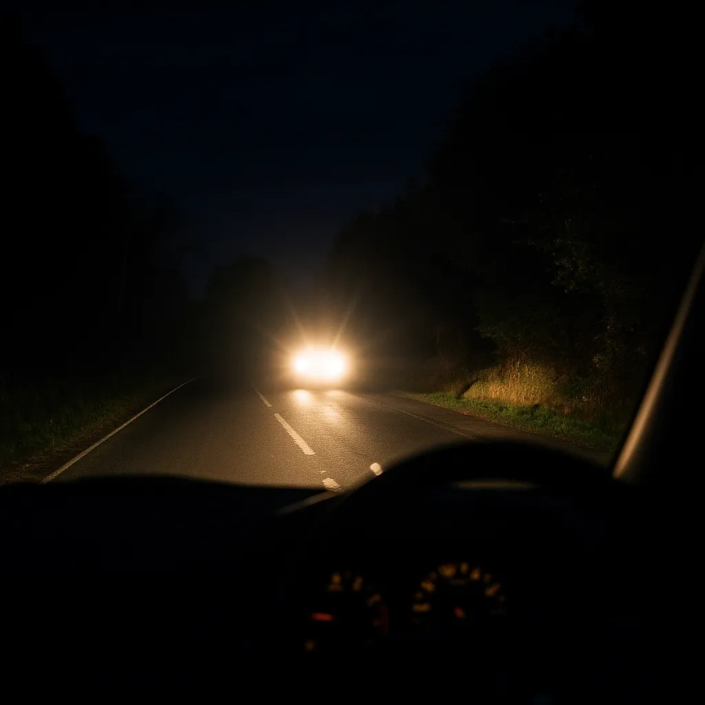 View from the driver's seat on a UK country road at night with bright oncoming headlights